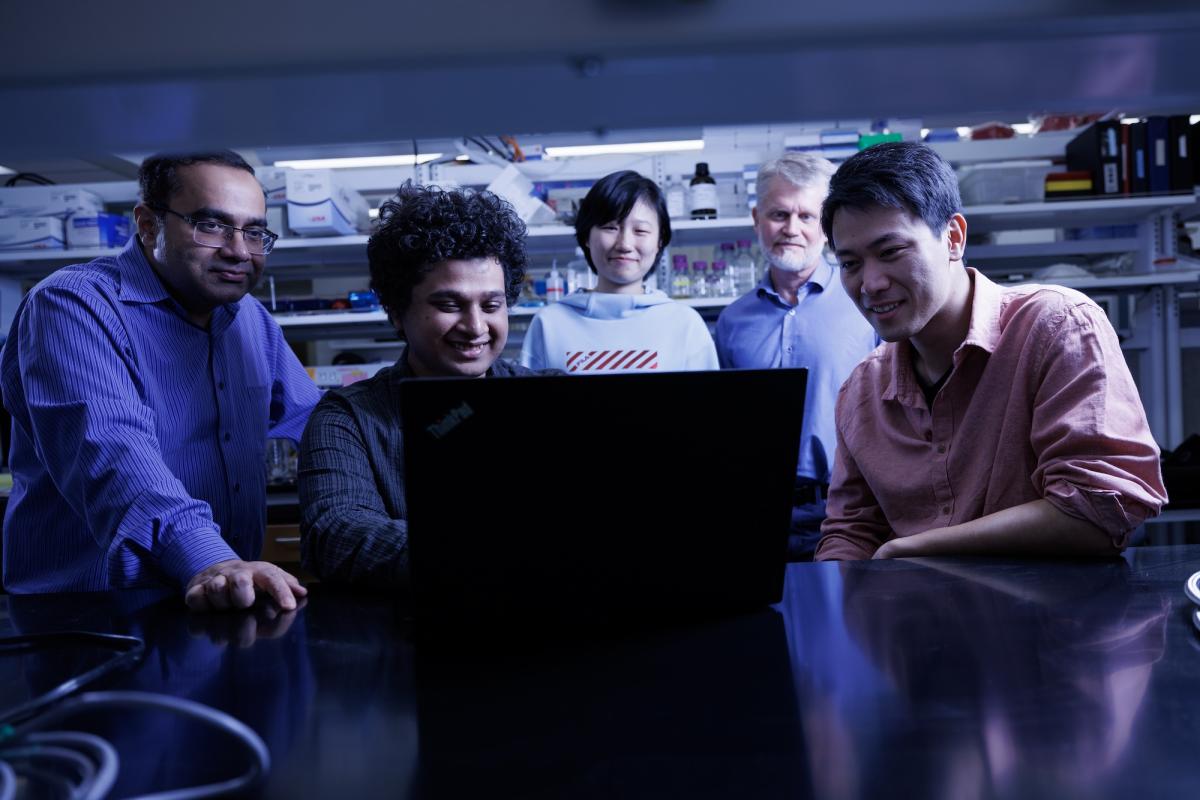 Scientists in a research lab looking at a laptop
